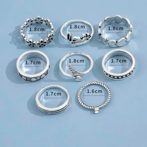 JWR9) New! 8pc Antique Silver Boho Hearts Words flowers Set if 8 Rings - Picture 4 of 5